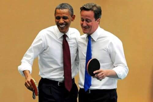 Barack Obama and David Cameron playing table tennis